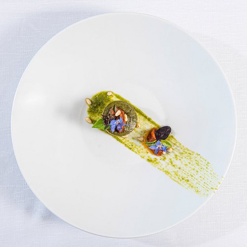 Pure Flexibilität im TYROL Family Retreat Kunstvoll angerichtetes Gericht mit grüner Sauce, Kräutern und essbaren Blumen auf weißem Teller
