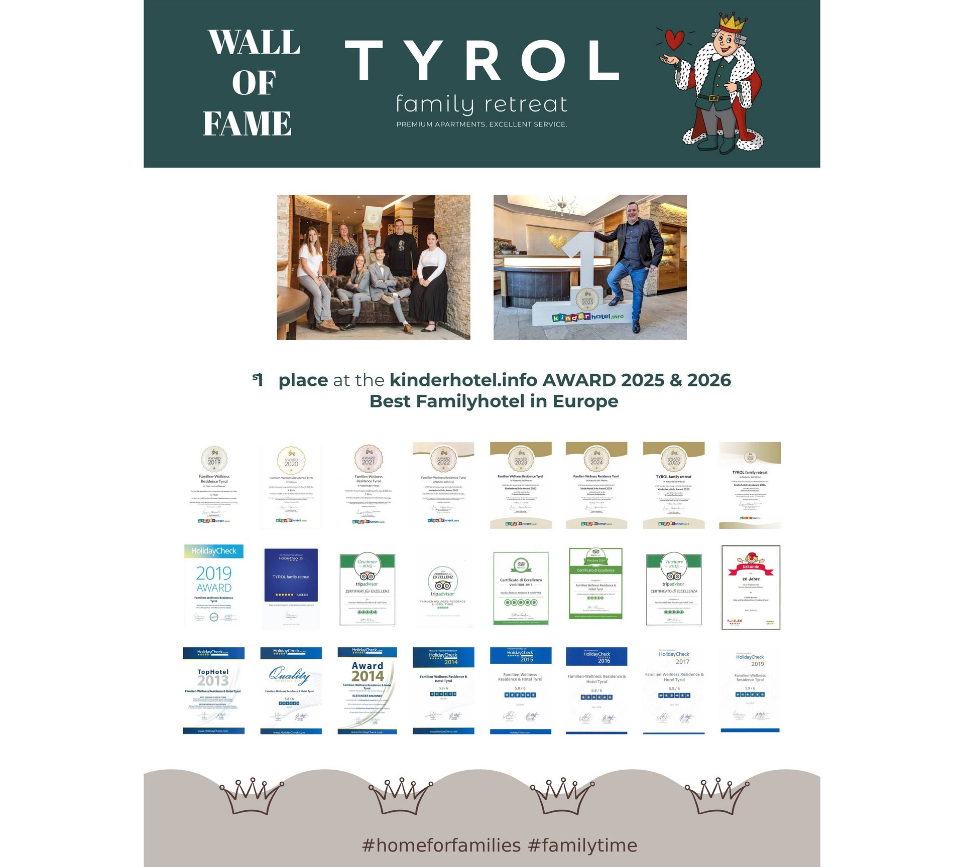 Die allerschönste Auszeichnung ist eure Zufriedenheit. Tyrol Family Retreat Auszeichnungen als bestes Familienhotel in Europa 2025 und 2026