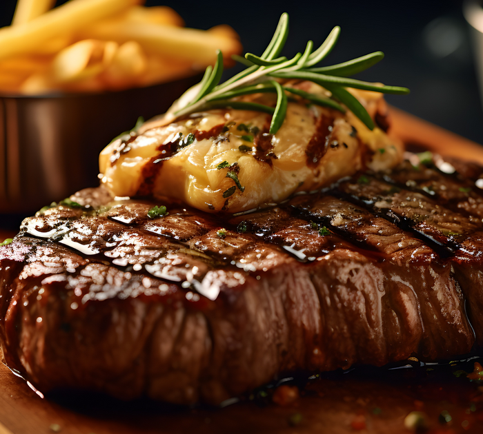 Pure Flexibilität im TYROL Family Retreat Gegrilltes Steak mit Kräuterbutter und Pommes Frites auf Holzbrett