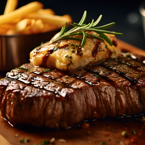 Pure Flexibilität im TYROL Family Retreat Gegrilltes Steak mit Kräuterbutter und Pommes Frites auf Holzbrett